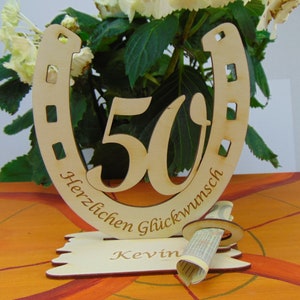 Gift for 50th birthday, cash gift, voucher holder, congratulations & number 50 in horseshoe, horse lover