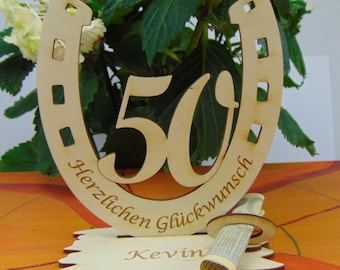 Geschenk zum 50 Geburtstag, Geldgeschenk, Gutscheinhalter, Glückwunsch & Zahl 50 im Hufeisen, Pferdeliebhaber