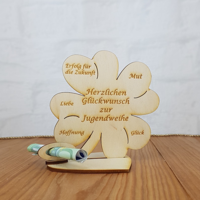 Geschenk zur Jugendweihe, Kleeblatt, Geldgeschenk mit oder ohne Namensgravur, Tischdekoration, Geschenkidee aus Holz, Jugendweihegeschenk 11cm ohne Gravur