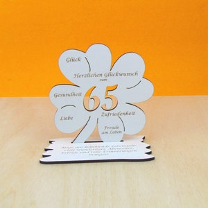 Gutscheingeschenk zum 65 Geburtstag  Kleeblatt weiß 11cm Vintage Holz Glückwünsche Mädchen Junge Geschenk Deko 02