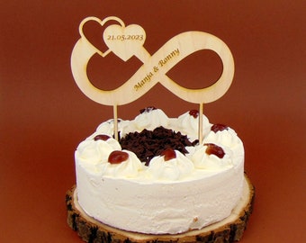 Cake topper signo infinito con nombres de los novios personalizado cake topper boda, topper de madera de 17 cm de largo