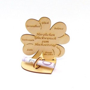 Wedding anniversary gift or wedding gift 11.7 cm, money gift with or without name engraving, wooden table decoration