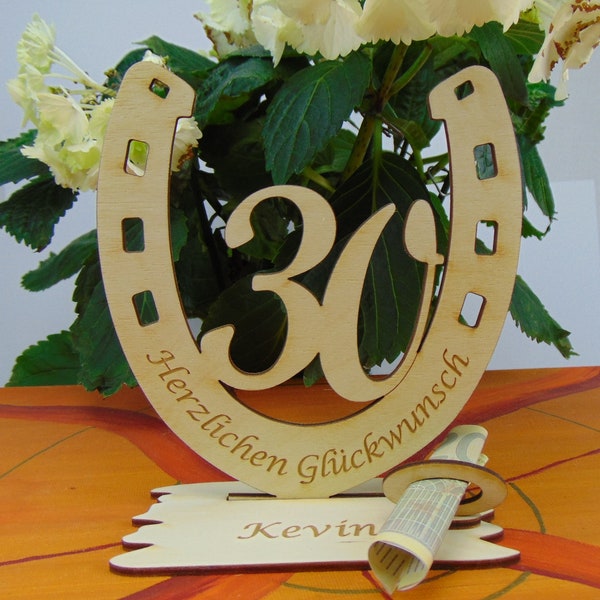 Geschenk zum 30. Hufeisen, Glücksbringer, Geldgeschenk, Gutscheingeschenk, Glückwunsch & Zahl 30 Geburtstag