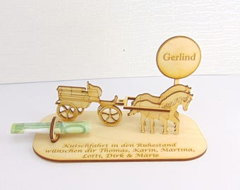 Regalo en efectivo: paseo en carruaje con caballos de madera, decoración, idea de regalo, vale de regalo bien empaquetado para un paseo en carruaje, paseo en Kremser, 3D