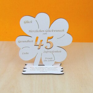 Gutscheingeschenk zum 45 Geburtstag 16cm Kleeblatt weiß Vintage Holz Glückwünsche Mann Frau Geschenk Deko 02