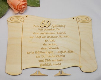 Geschenk zum 60. Geburtstag, Papierrolle aus Holz, 23 cm lang, Geburtstagsglückwünsche, Wolkenlos, 61 62 63 64 65 66 67 68 69