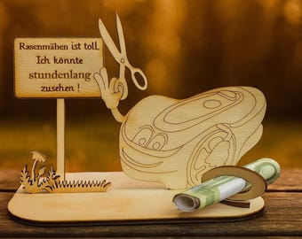 Geschenk Rasenroboter Geldgeschenk Zuschuss zum Roboter, Rasenmäher, Geschenkidee aus Holz K96