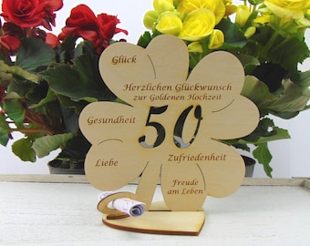 Clover leaf money gift for the golden wedding number 50 wood 11.7 cm or 16 cm Available with or without name