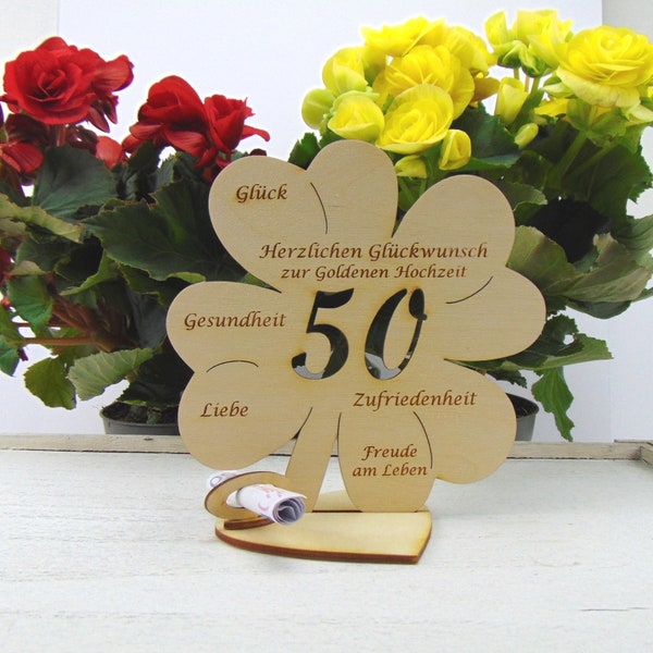 Kleeblatt Geldgeschenk zur Goldenen Hochzeit Zahl 50 Holz 11,7 cm oder 16 cm Mit und ohne Name erhätlich