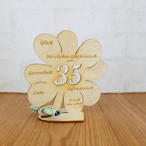 Geschenk zum 35. Geburtstag oder Hochzeitstag, Kleeblatt 11cm oder 16 cm, Geldgeschenk mit oder ohne Wunschtext, Tischdekoration aus Holz 16cm ohne Namen