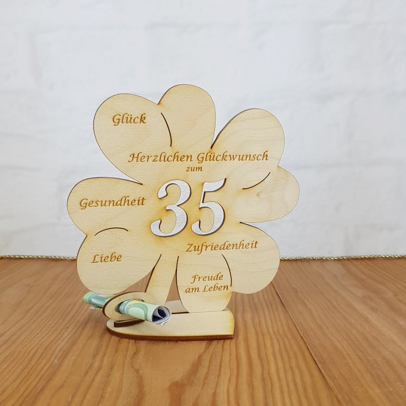 Geschenk zum 35. Geburtstag oder Hochzeitstag, Kleeblatt 11cm oder 16 cm, Geldgeschenk mit oder ohne Wunschtext, Tischdekoration aus Holz 16cm ohne Namen