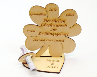 Geschenk zur Zwillingsgeburt, 11,7 cm Kleeblatt, Geldgeschenk mit oder ohne Namensgravur, Geschenk zur Geburt von Zwillingen