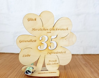 Geschenk zum 35. Geburtstag oder Hochzeitstag, Kleeblatt 11cm oder 16 cm, Geldgeschenk mit oder ohne Wunschtext, Tischdekoration aus Holz