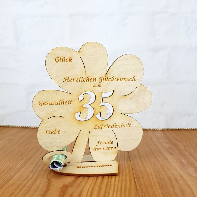 Geschenk zum 35. Geburtstag oder Hochzeitstag, Kleeblatt 11cm oder 16 cm, Geldgeschenk mit oder ohne Wunschtext, Tischdekoration aus Holz 16cm mit Namen