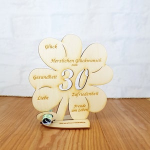 Cadeau du 30e anniversaire, trèfle 11,7 cm ou 16 cm, cadeau en argent avec ou sans texte souhaité, décoration de table en bois 16cm mit Namen