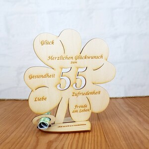 Geschenk zum 55. Geburtstag, Kleeblatt 11,7 cm oder 16 cm, Geldgeschenk mit oder ohne Wunschtext, Tischdekoration aus Holz