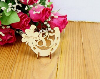 Gift for a 85. Birthday, Horseshoe and 4-leaf clover, Birthday, Talisman 8 cm, Decoration, flower attachment