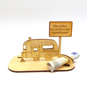 Money gift caravan with town sign engraving travel give away money, holiday fund, wood, camping, voucher, small subsidy K19