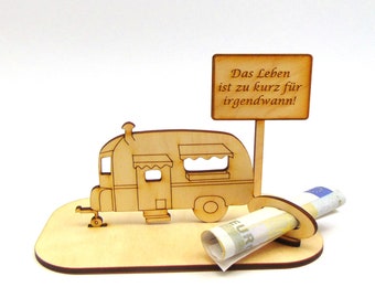 Money gift caravan with town sign engraving travel give away money, holiday fund, wood, camping, voucher, small subsidy K19