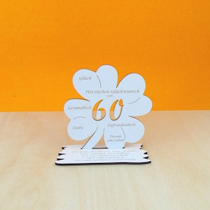 60 Geburtstag Gutscheingeschenk Kleeblatt 11cm Vintage weiß Glückwünsche Frau, Mann Geschenk Deko 01