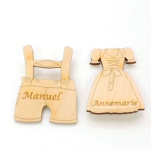 Dirndl or lederhosen with lapel pin, name engraved wood 6 cm high, personalized, meadow festival pin