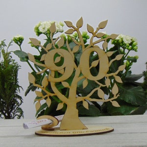 Geschenk zum 90 Geburtstag, Gutschein- und Geldgeschenk Lebensbaum Zahl 90, mit graviertem Fuß - Herzlichen Glückwunsch, 16 cm