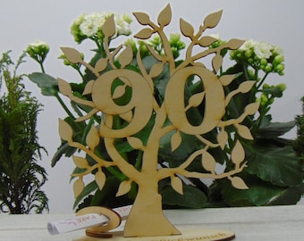 Geschenk zum 90 Geburtstag, Gutschein- und Geldgeschenk Lebensbaum Zahl 90, mit graviertem Fuß - Herzlichen Glückwunsch, 16 cm