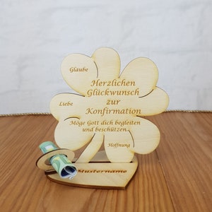 Confirmation gift, 11.7 cm or 16 cm cloverleaf, money gift with or without name engraving