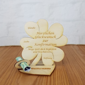 Geschenk zur Konfirmation, 11,7 cm oder 16 cm Kleeblatt, Geldgeschenk mit oder ohne Namensgravur Bild 1