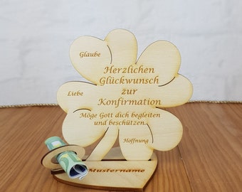 Geschenk zur Konfirmation, 11,7 cm oder 16 cm Kleeblatt, Geldgeschenk mit oder ohne Namensgravur