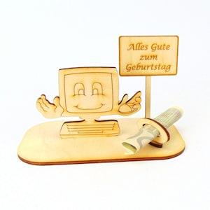 Geldgeschenk PC witziger Computer Kleiner Zuschuss mit lustigem Spruch, Personalisiert aus Holz Geschenkidee K76