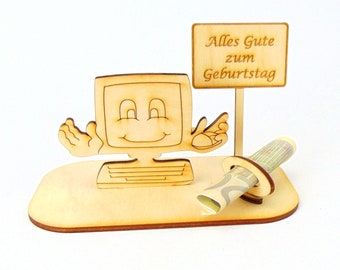 Geldgeschenk PC witziger Computer Kleiner Zuschuss mit lustigem Spruch, Personalisiert aus Holz Geschenkidee K76