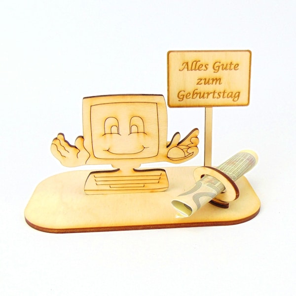 Geldgeschenk PC witziger Computer Kleiner Zuschuss mit lustigem Spruch, Personalisiert aus Holz Geschenkidee K76