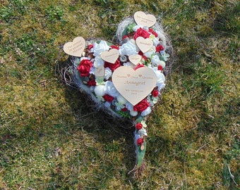 Wooden hearts with engraving for grave arrangements, angels, mourning wreath, in silent memory, memories for a loved one, personalized