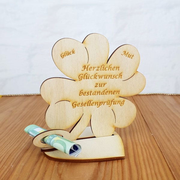 Geschenk zur bestandenen Gesellenprüfung, 11,7 cm Kleeblatt, Geldgeschenk mit oder ohne Namensgravur