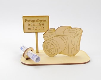 Money gift for photographers, hobby photography, money gift for new camera, set is made of wood K4