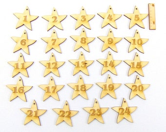 Adventskalender Zahlen 1- 24 Sterne mit Loch, 4cm, Holz, Selber basteln, Kalender, Adventskalender, Kalenderzahlen