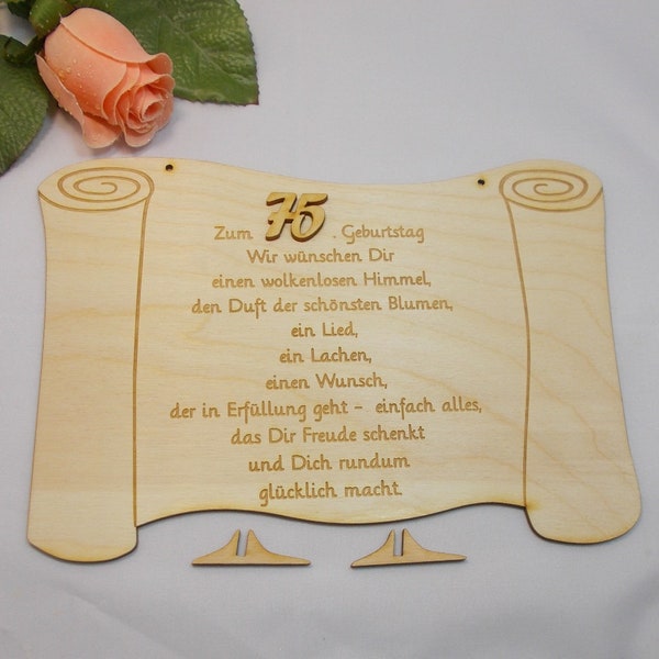 75th Birthday Gift Wooden Paper Scroll 23cm Long Birthday Congratulations Clear Clouds