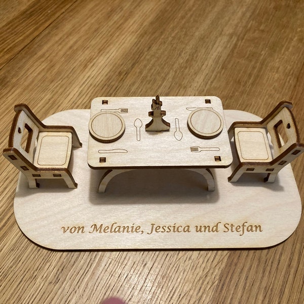 Geldgeschenk für ein Essen, Essensgutschein, Dinner for Two, Abend zu Zweit, Geschenk zum Geburtstag, Weihnachten, Personalisiert aus Holz