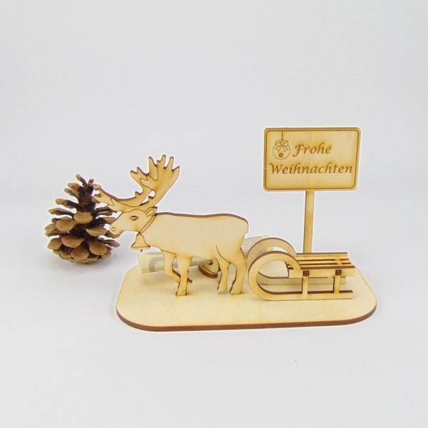 Weihnachtsgeschenk Geldgeschenk Rentier mit 3 D Schlitten Schild aus Holz Eigene Gravur Ortsschild