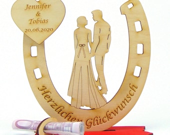 Geldgeschenk zur Hochzeit, Brautpaar von hinten im Hufeisen, Personalisiert zur Hochzeit, Tischdekoration