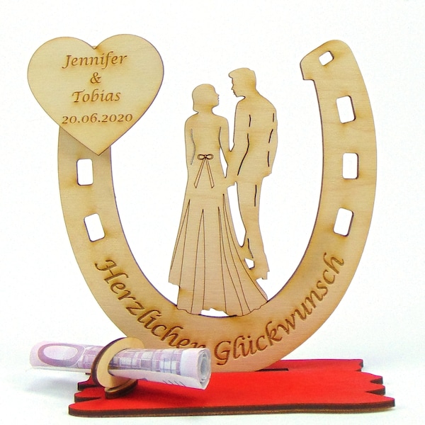 Geldgeschenk zur Hochzeit, Brautpaar von hinten im Hufeisen, Personalisiert zur Hochzeit, Tischdekoration