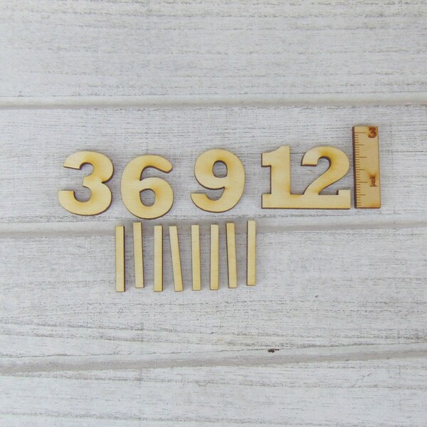 4 Deutsche Zahlen schmale Ziffern Holz 25 mm 3 6 9 12 mit 8 Striche für eine Uhr zum Basteln, Arabische Ziffern