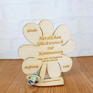Geschenk zur Kommunion, Kleeblatt 11,7 cm oder 16 cm, Kirchlich, Geldgeschenk mit oder ohne Wunschtext, Tischdekoration aus Holz