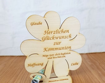 Geschenk zur Kommunion, Kleeblatt 11,7 cm oder 16 cm, Kirchlich, Geldgeschenk mit oder ohne Wunschtext, Tischdekoration aus Holz