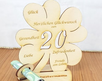 Geschenk zum 20. Geburtstag, 11,7 cm oder 16 cm Kleeblatt, Geldgeschenk mit oder ohne Wunschtext, Tischdekoration aus Holz