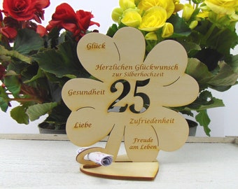Cadeau d'argent en forme de trèfle pour un mariage en argent numéro 25 bois 11,7 cm ou 16 cm avec gravure de nom possible, personnalisé