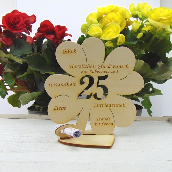 Kleeblatt Geldgeschenk zur Silberhochzeit Zahl 25 Holz 11,7 cm oder 16 cm mit Namensgravur möglich, Personalisiert