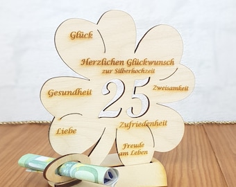Gift for silver wedding anniversary number 25 clover leaf 11.7 cm or 16 cm with name engraving possible, table decoration made of wood, cash gift