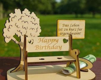 Happy Birthday gift, large bench with sign "Life is too short for 'someday'", building set, small garden bench with tree (without sign)